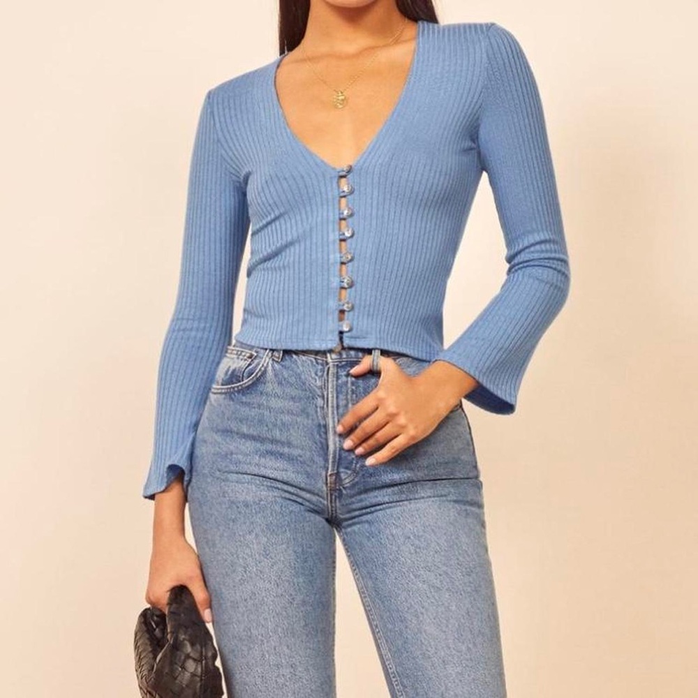 Reformation Blue Ribbed Button-Front V-Neck Sweater - Picture 6 of 9